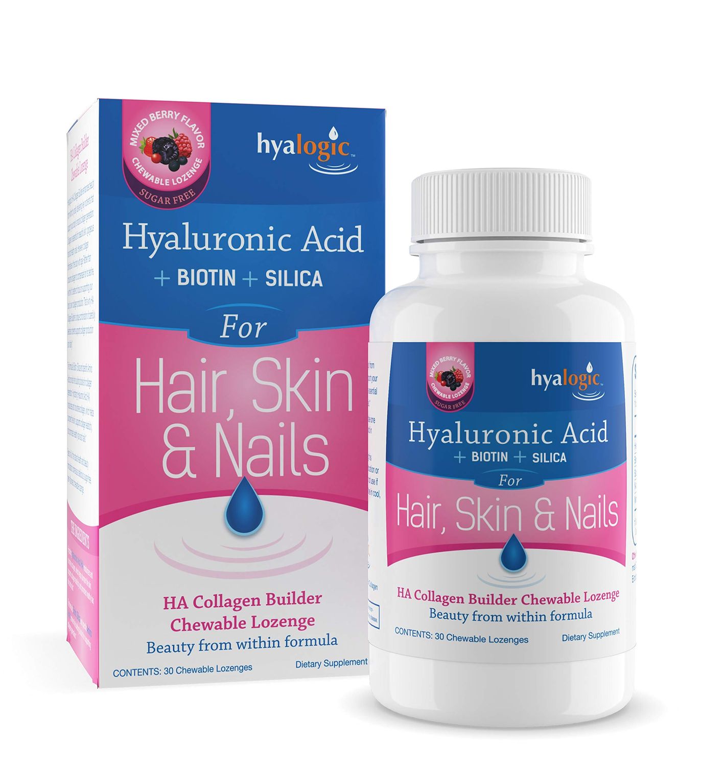 Hyalogic Hair Skin Nails Hyaluronic Acid Collagen Builder - Delicious Berry Flavored Collagen Boost Chewable Lozenges - Sugar Free Vegan Collagen Ideal to Enhance Your Natural Beauty - 30 Count
