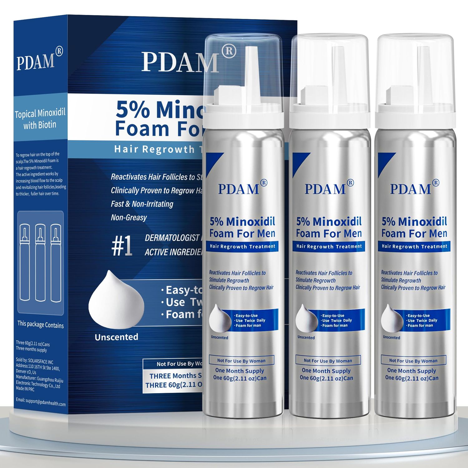 5 Minoxidil for Men Foam Hair Growth - Minoxidil Foam Hair Regrowth Treatment for Men, Topical Hair Loss Treatments, Extra Strength Thicker Fuller Hair, 3 x 2.11 oz