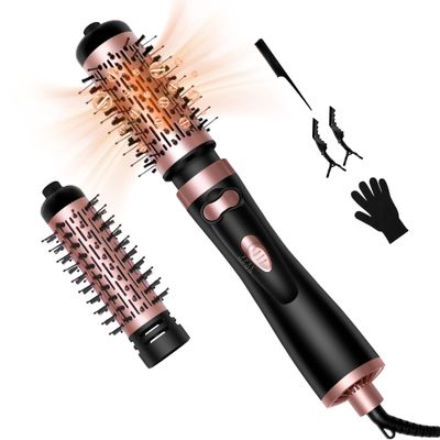 JINYAWA Rotating Hair Dryer Brush, 1000W Blow Out Brush Dryer, Hot Air Brush with 2 Brushes (1.5&quot; 2&quot;), Heated Round Brush with Detachable Head, Travel Hair Styling Tool for One Step Volumize