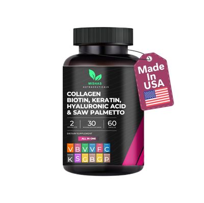 Mishas Nutraceuticals Multi Collagen Pills Biotin, Keratin Hyaluronic Acid Hair Growth, Skin, Nails DHT Blocking Saw Palmetto, Vitamin E, Folic Acid, Pumpkin Seed, MSM - 60 Vegan Capsules