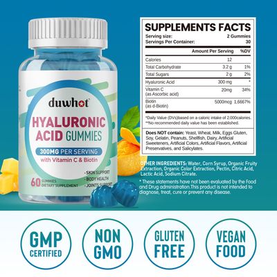 duwhot Hyaluronic Acid Gummies, Hyaluronic Acid Supplements Gummies, Hyaluronic Acid with Vitamin C Biotin 5000mcg for Hair Skin Nails Gummies, 60 Chews