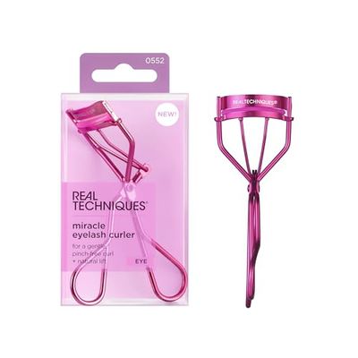 Real Techniques Miracle Eyelash Curler, Gentle Lash Tool for Lifted Lashes, Use with Mascara for Extra Volume, Travel-Size Lash Curler, Comfort Grip Pinch-Free Design, Pink, Cruelty-Free, 1 Count