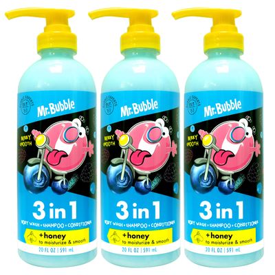 Mr. Bubble Berry Smooth 3-in-1 Body Wash, Shampoo Conditioner Plus Honey Moisturize and Smooth Hair and Body 3-Pack