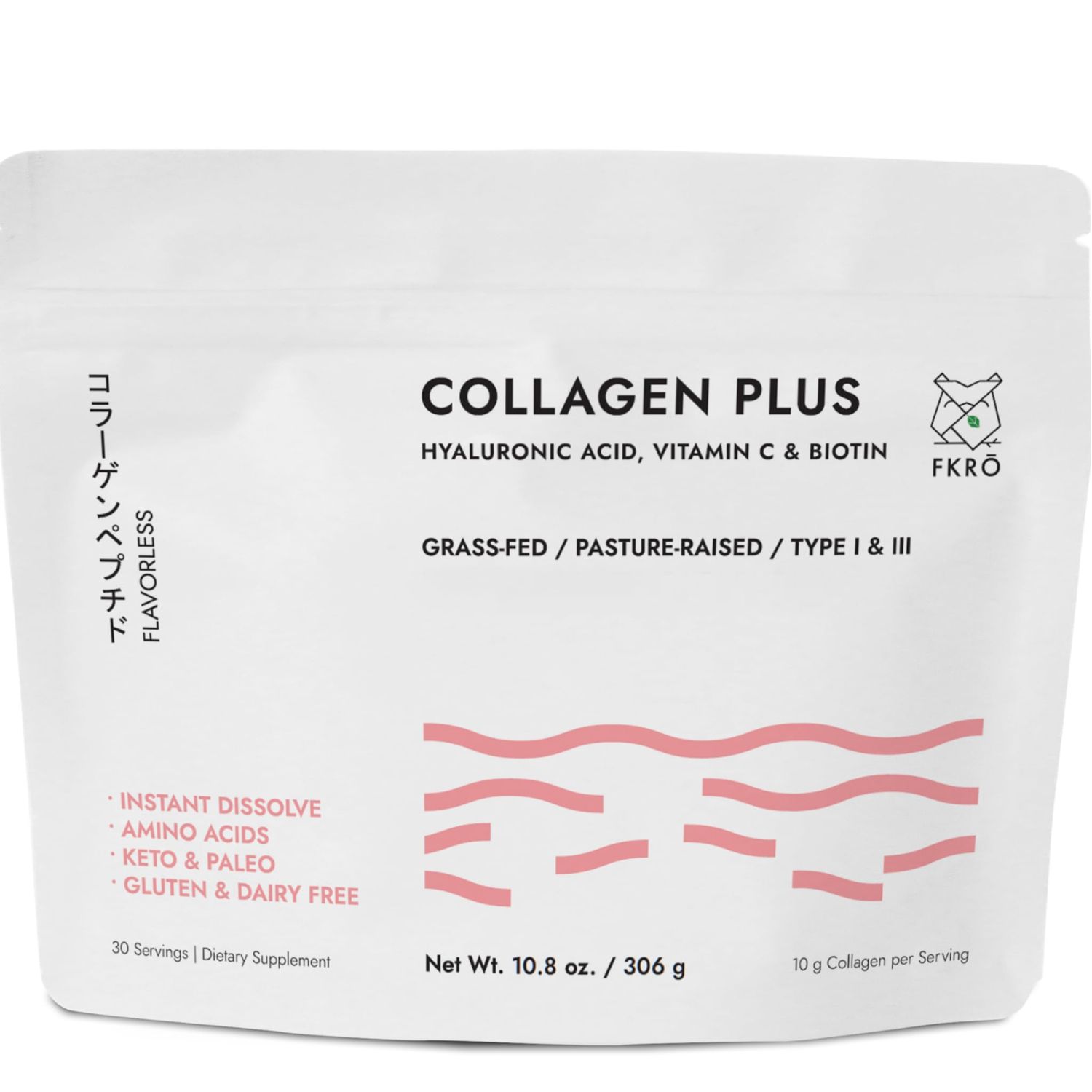FKRO Collagen Plus w Biotin, Hyaluronic Acid Vitamin C - Healthy Hair, Skin Nails - Naturally Sourced Type I III Hydrolyzed Collagen Powder, Unflavored - 30 Servings, 10.8oz