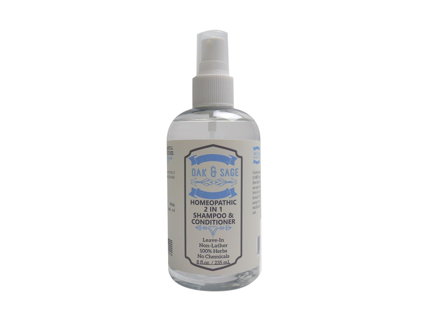 OAK SAGE Homeopathic 2 in 1 Shampoo and Conditioner - Leave In - NonLather - Unscented - 8oz - 100 Herbs, No Alcohol, No Chemicals - For All Hair Types