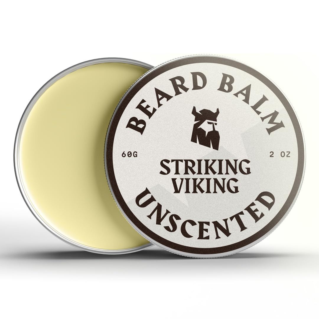 Striking Viking Beard Balm for Men - Light Hold, Unscented, 2 Oz - Leave-in Beard Conditioner with Shea Butter, Tea Tree, Argan Jojoba Oils - Smooth, Shape Moisturize Coarse, Dry Facial Hair