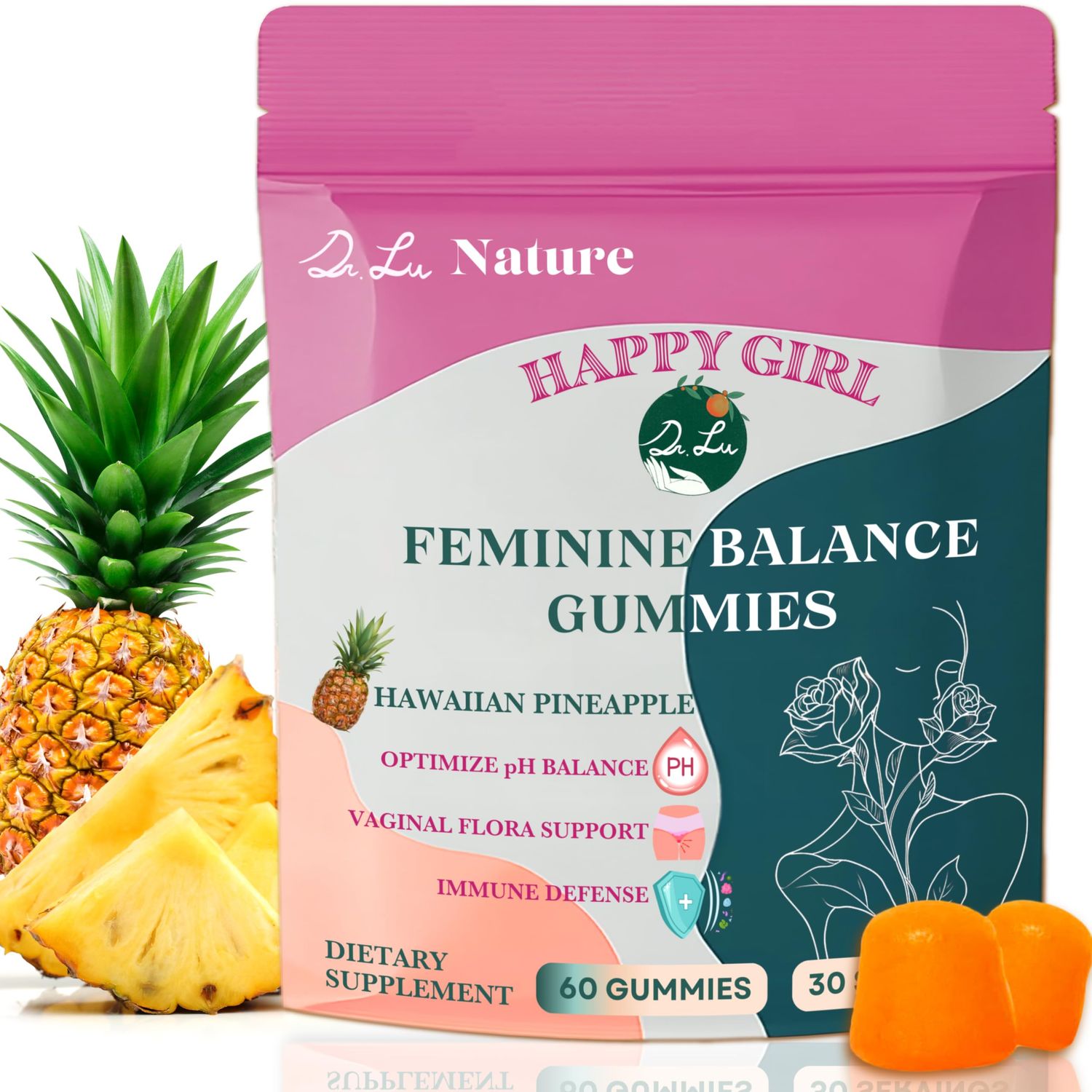 Dr. Lu Happy Girl Feminine Balance Gummies Pineapple Gummies for Women pH Balance, Vaginal Probiotics Immune Support Delicious Naturally Flavored, Sugar-Free, Vegan - 60 Count
