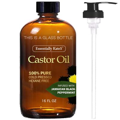 Castor Oil 16 Fl Oz (Glass Bottle) - Jamaican Black Peppermint - A Huge Glass Bottle with a Pump - 100 Pure and Natural, Cold Pressed, and Hexane-Free - Hair Oil, Body Oil