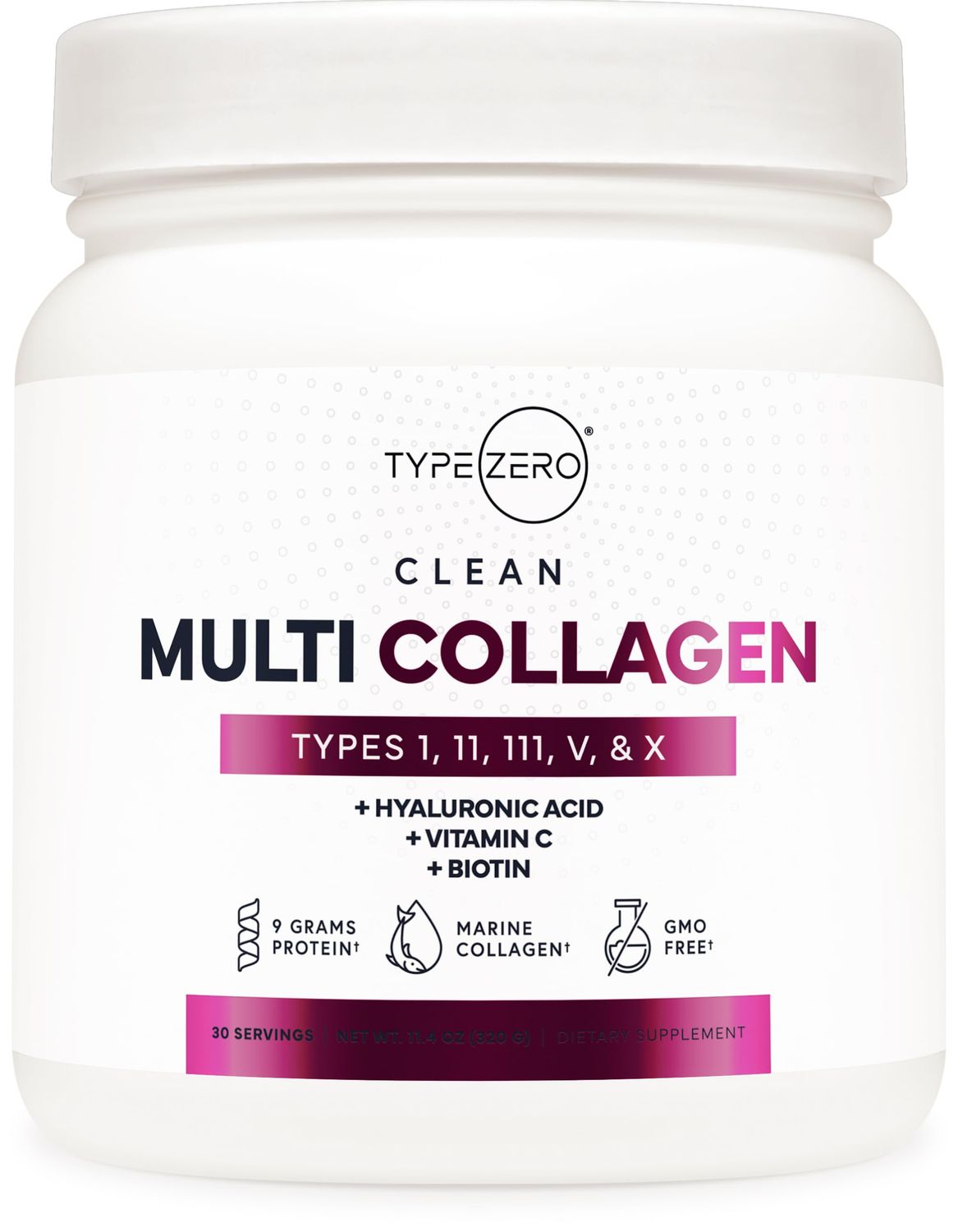 Type Zero Multi Collagen Powder 30 Servings (Unflavored) - Types I, II, III, V, X Collagen Peptides Hyaluronic Acid, VIT C, Biotin