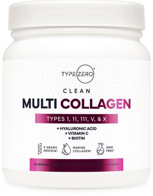 Type Zero Multi Collagen Powder 30 Servings (Unflavored) - Types I, II, III, V, X Collagen Peptides Hyaluronic Acid, VIT C, Biotin