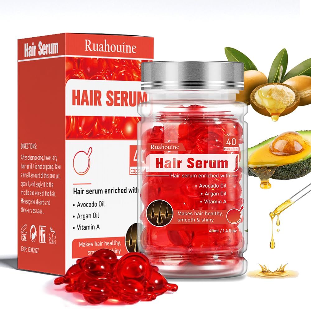 Ruahouine Hair Styling Serum Oil for Frizzy Dry Hair, Hair Treatment Serum - no Rinse with Argan Macadamia Avocado Oils - Vitamins A, E, Pro B5 - Conditioner for Women Men 40 Capsules
