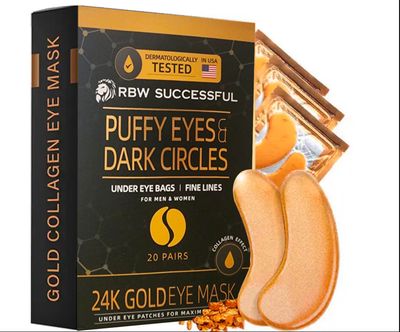 RBW 24k Gold Under Eye Patches for Puffy Eyes, Dark Circles, Wrinkles - Hyaluronate Infused Eye Mask - Hydrates and Moisturizes Skin - Rejuvenating Under Eye Treatment for Men, Women - 20 Pairs