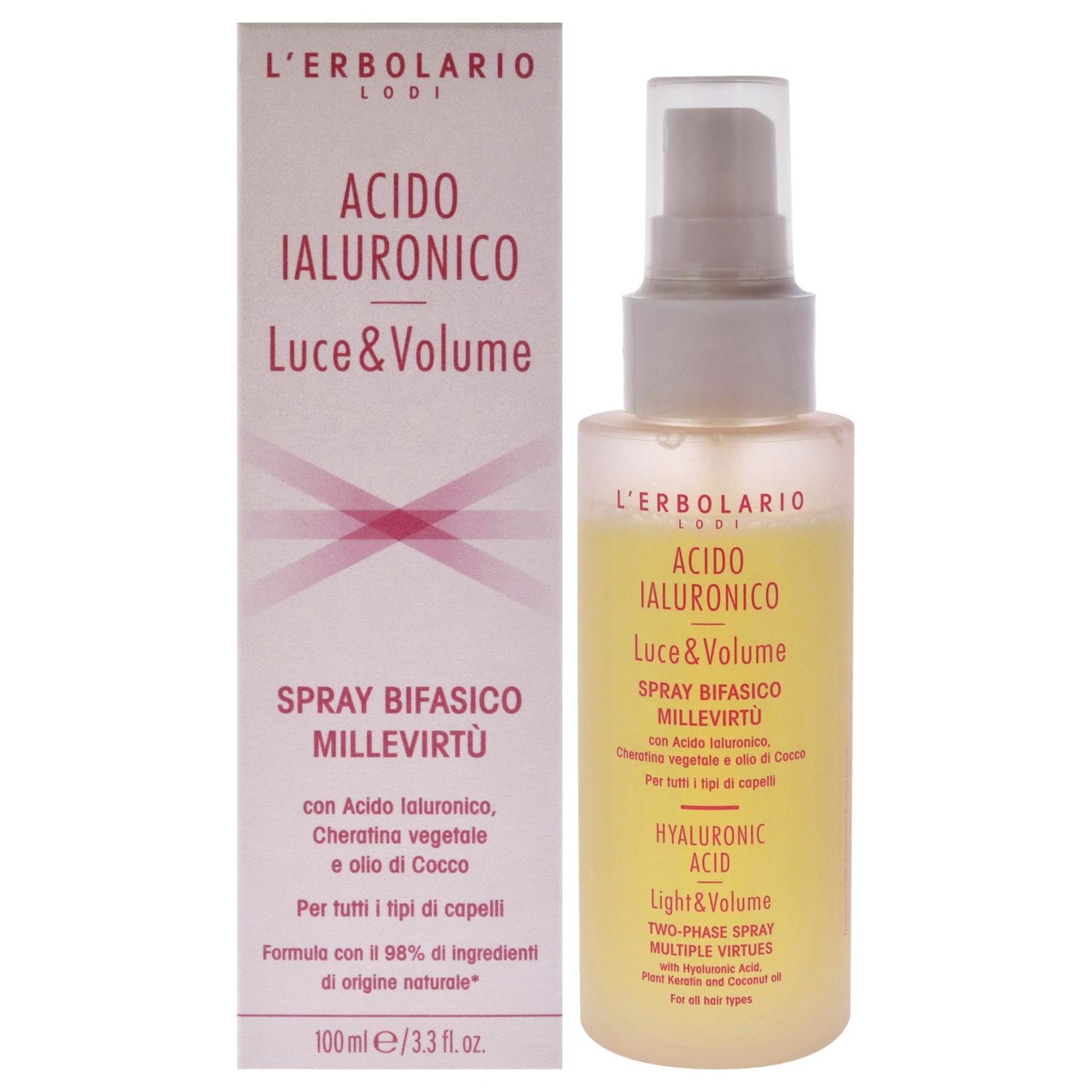L&#39;Erbolario Hyaluronic Acid Two Phase Spray - Light And Volume - True Ally For Magnificent Hair - Fuller, Softer And Shinier With Every Use - Filling And Moisturizing Action - 3.3 Oz Hair Mist
