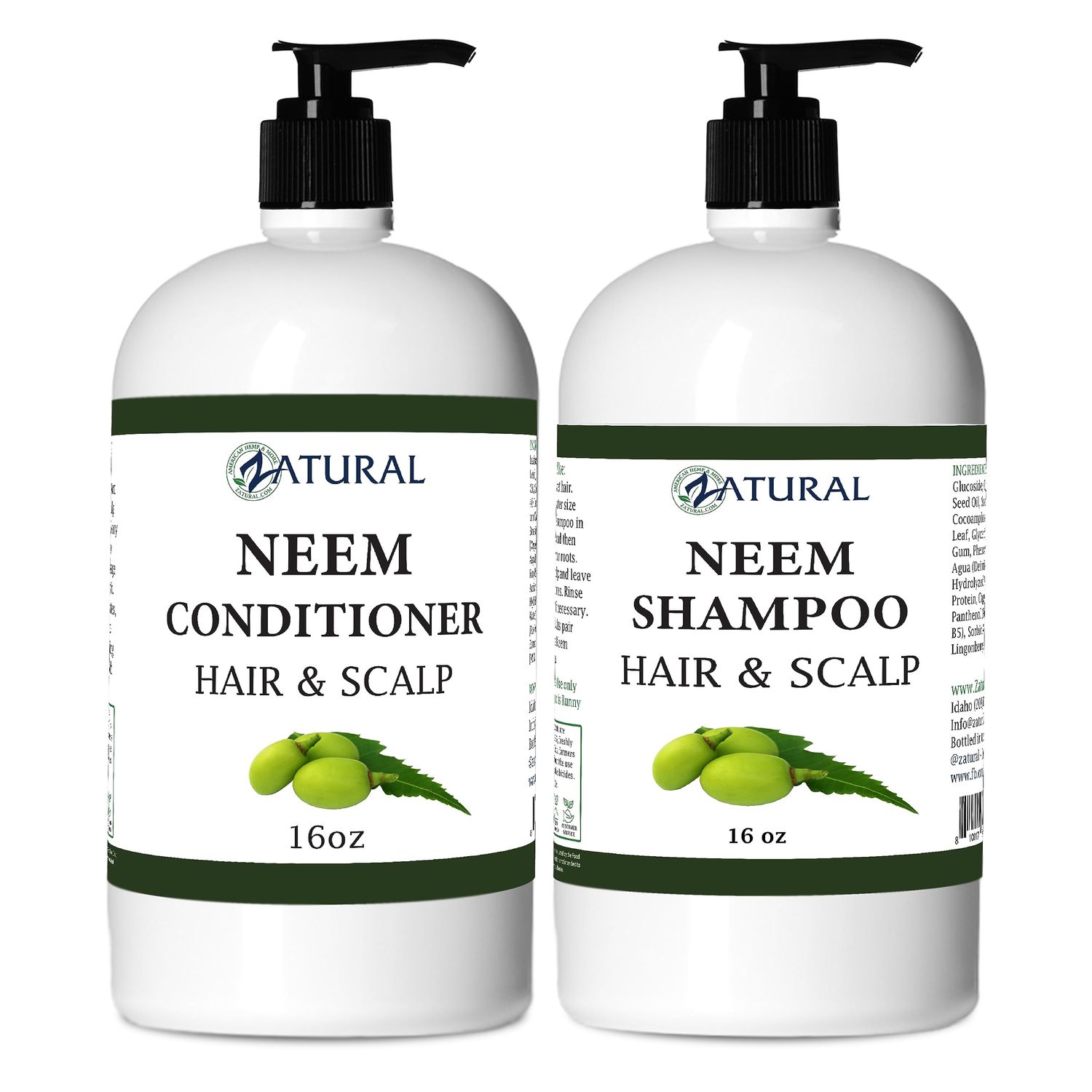 Zatural Natural Neem Shampoo Conditioner Kit, Health Soothing Healing For Sensative Scalp Hair Nourish Repair (16oz Shampoo 16oz Conditioner)