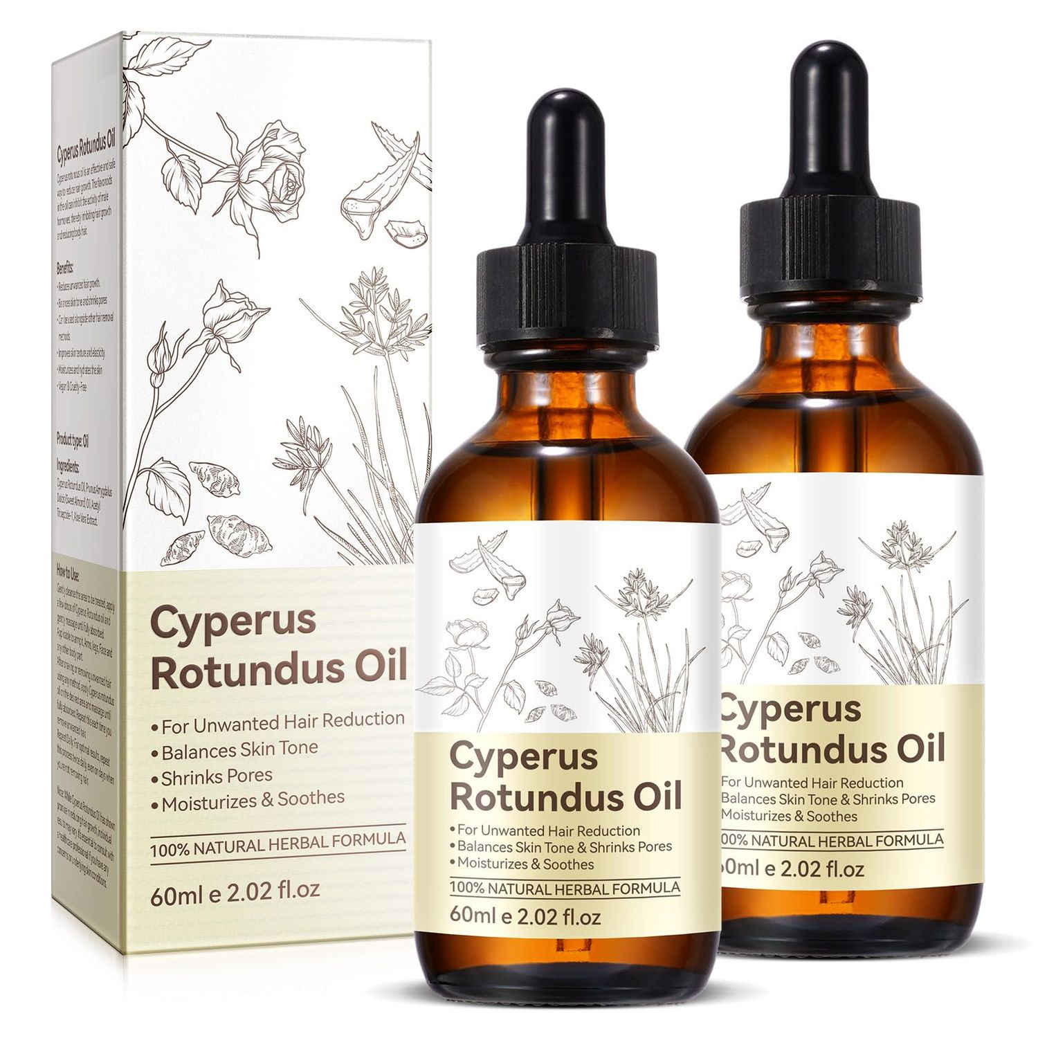 2PCS Cyperus Rotundus Oil, Natural Cyperus Rotundus Oil For Hair Removal, Reduces Unwanted Hair Growth, Moisturizes Soothes The Skin, Suitable For All Skin Types