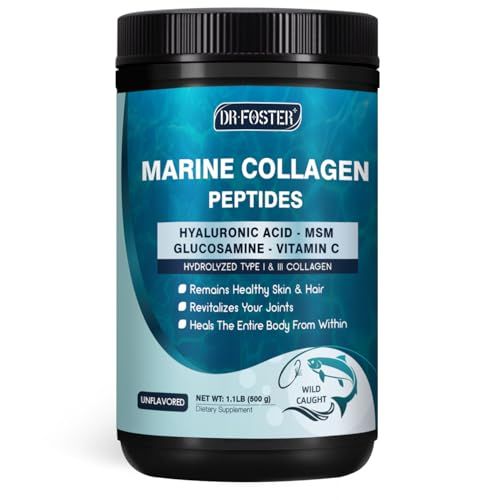 DRFOSTER Marine Collagen Peptides Powder with MSM GC, Multi Type I III Collagen with Hyaluronic Acid, Vitamin C E for Skin, Hair Nails, Wild-Caught Fish, 50 Servings