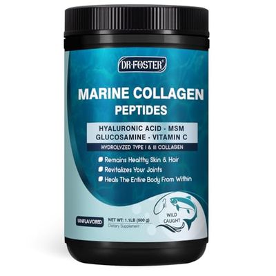 DRFOSTER Marine Collagen Peptides Powder with MSM GC, Multi Type I III Collagen with Hyaluronic Acid, Vitamin C E for Skin, Hair Nails, Wild-Caught Fish, 50 Servings