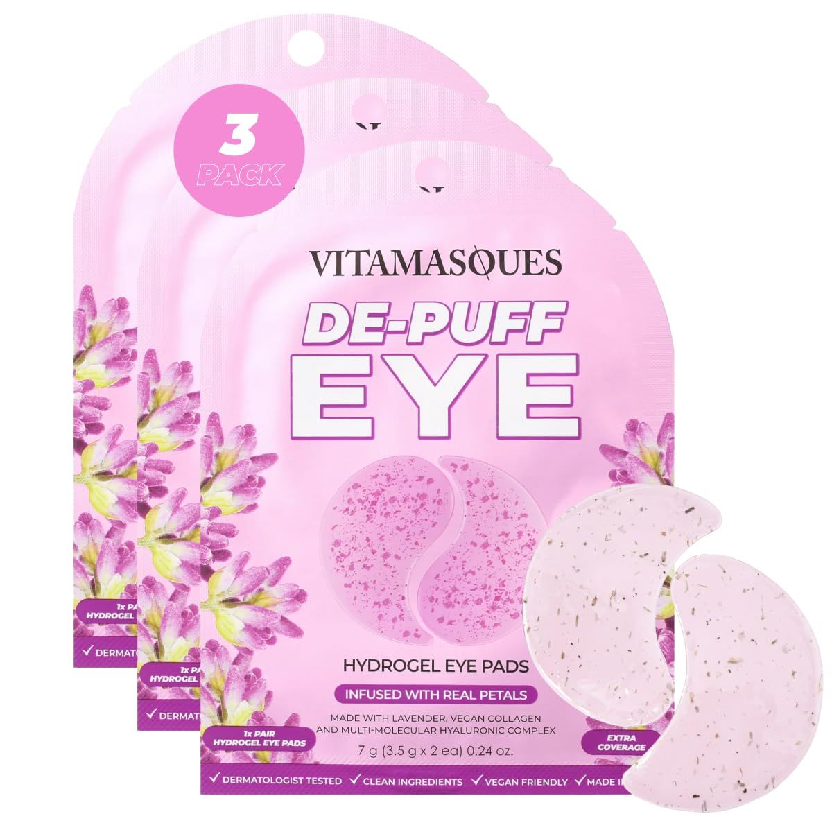 Vitamasques De-Puff Hydrogel Eye Pads, with Lavender Vegan Collagen (Pack of 3)