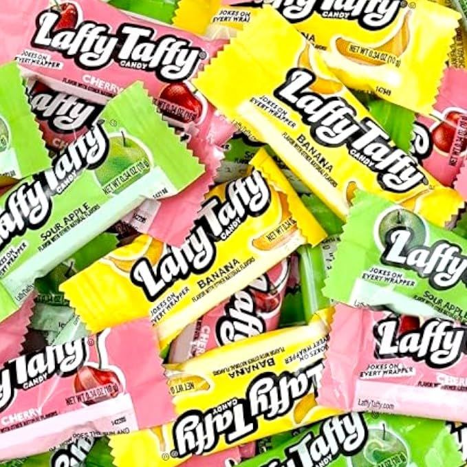 Laffee Taffee Candy- 1.5 lbs Assorted Fruit Flavored Taffee Candy, Sour Apple, Cherry, Strawberry Banana Flavors Individually Wrapped for Freshness -Chewy and Delicious Treats(24 oz)