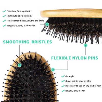 Natural Boar Bristle Wooden Bamboo Paddle Brush - Best Detangler for Women Men's Curly and Thick Hair, Anti-Static, Reduces Hair Breakage
