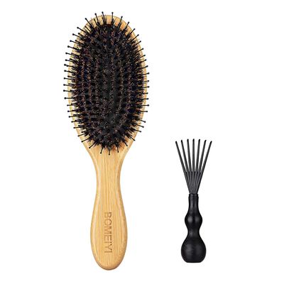 Natural Boar Bristle Wooden Bamboo Paddle Brush - Best Detangler for Women Men&#39;s Curly and Thick Hair, Anti-Static, Reduces Hair Breakage