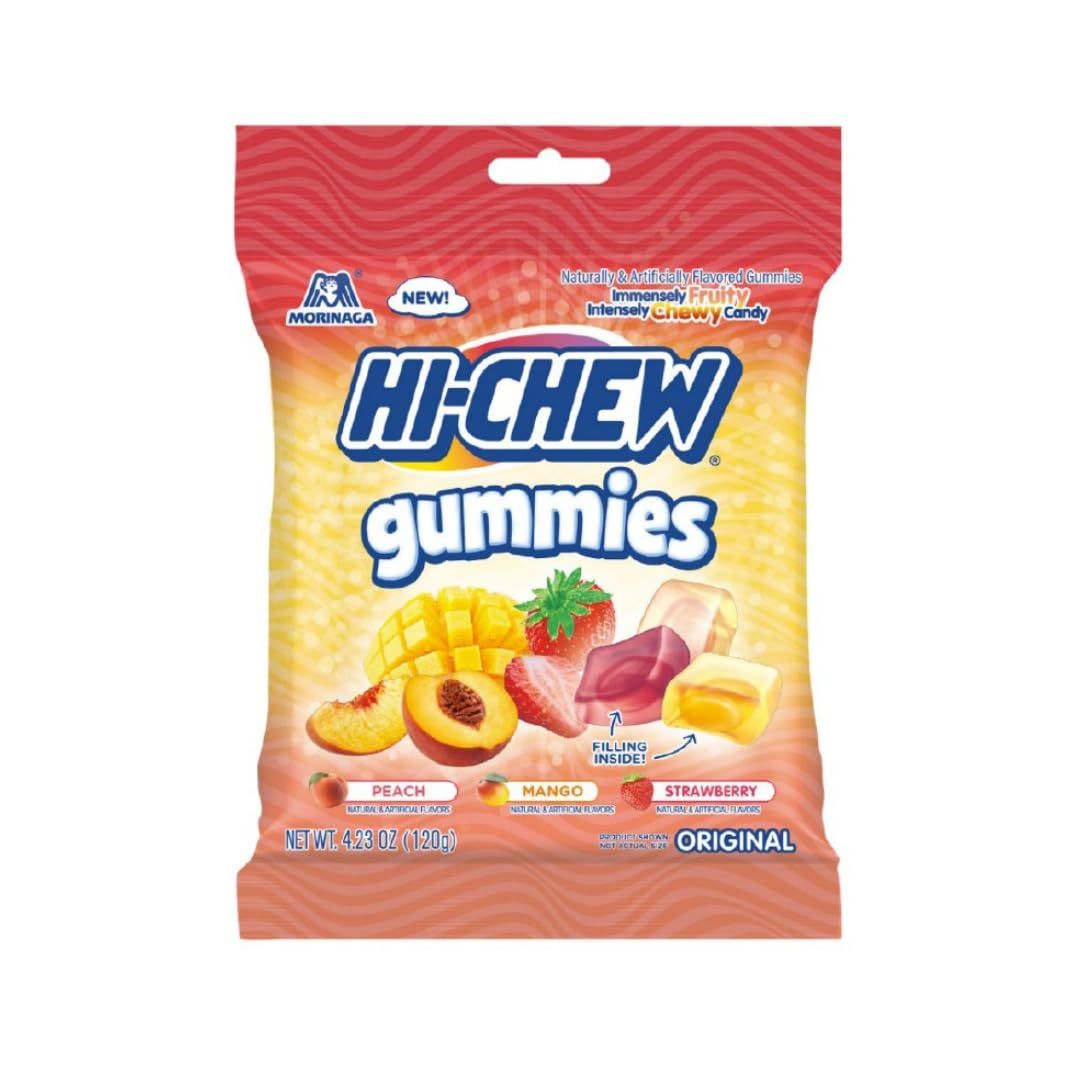 HI-CHEW GUMMIES Sour Candy Bag of 9, 4.23 oz each, Mango Peach Strawberry Gummy Candy, Unique Fun Soft Chewy, Immensely Juicy Fruit Flavors