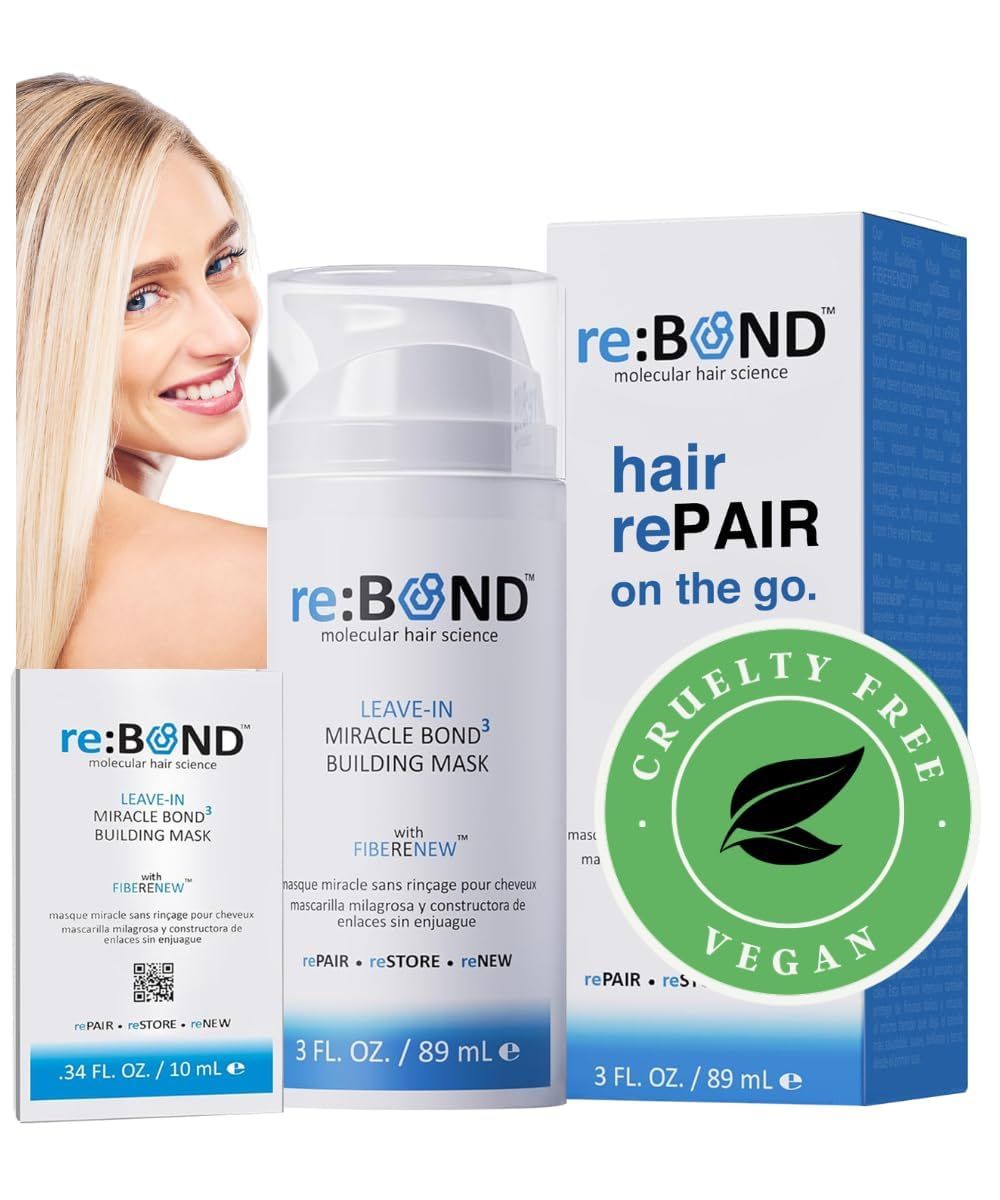 reBOND Leave-in Miracle Bond Building Hair Mask- 4 minute Repair Treatment Deep Conditioning for Bleached, Damaged, Dry, Colored or Frizzy Hair - Set includes: 3oz .34oz