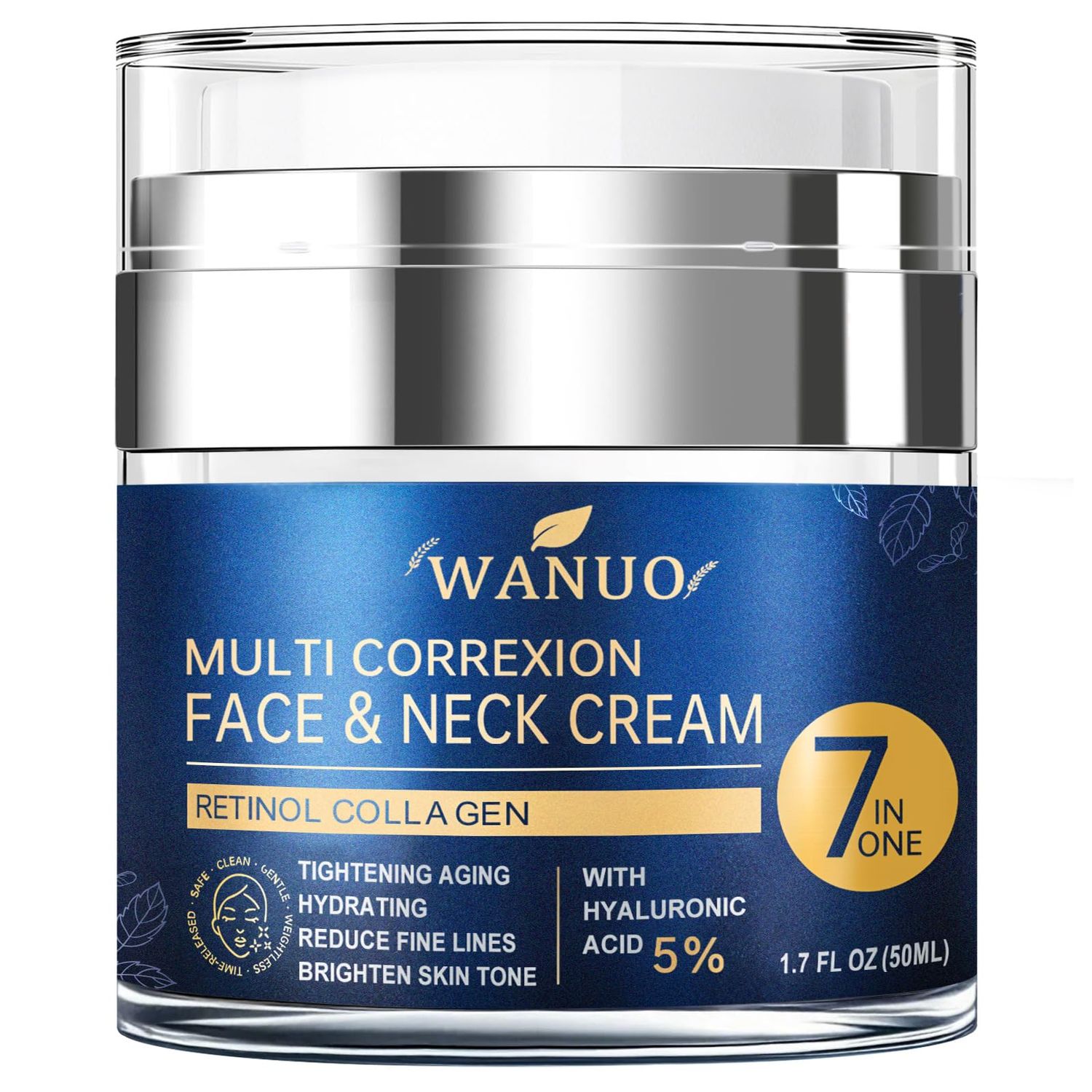 WANUO Retinol Cream for Face, Face Moisturizer, Neck Creams for Tightening and Firming with Collagen Hyaluronic Acid, Daily Anti-Aging Face Cream for Women, Smooth Wrinkles Fine Lines, 1.7 Fl Oz