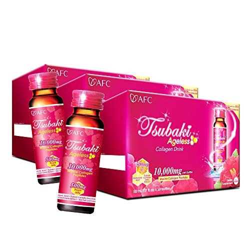 AFC Japan Tsubaki Ageless Beauty Collagen Drink from Japan with 10,000mg Marine Collagen Peptides 500mg Royal Jelly Hyaluronic Acid Vitamin Bs C for Skin Revitalization 1.69fl.ozx10sx3