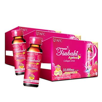 AFC Japan Tsubaki Ageless Beauty Collagen Drink from Japan with 10,000mg Marine Collagen Peptides 500mg Royal Jelly Hyaluronic Acid Vitamin Bs C for Skin Revitalization 1.69fl.ozx10sx3