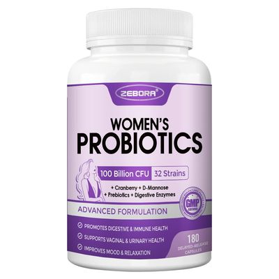 ZEBORA Probiotics for Women Digestive Health with Enzymes Prebiotics, Vaginal Probiotics with D Mannose Cranberry, 100 Billion CFUs Probiotic for Gut Health Urinary Tract Balance, 90 Servings