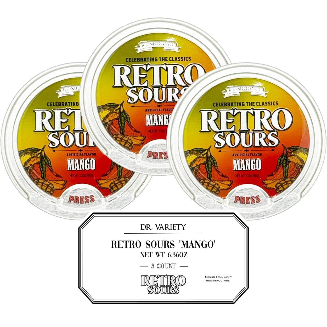 Retro Sours Mango (3 Pack) - Nostalgic Sour Candy, 3 Hard Candy Tins - Retro Sour Drops, Mango Mints
