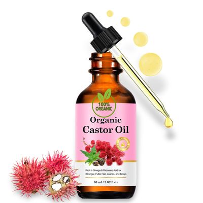 PEWWQIE Castor Oil Organic (2oz), 100 Pure, Cold Pressed Unrefined Glass Bottle for Hair Growth, Eyebrow Nourishment and Skin Hydration
