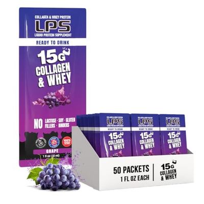 Nutritional Designs LPS Liquid Collagen Whey Protein Supplement - Non-GMO Drink, Sugar-Free - Promotes Healthy Skin Hair for Men Women, Grape, Single Serve (50 Packets)