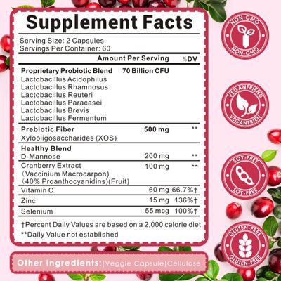 Vaginal Probiotics for Women, 70 Billion CFU for Vaginal Health, pH Balance, Urinary Tract, Digestive with Prebiotics, Organic Cranberry D-Mannose for Vaginal Odor Flora Supplements - 60 Capsules