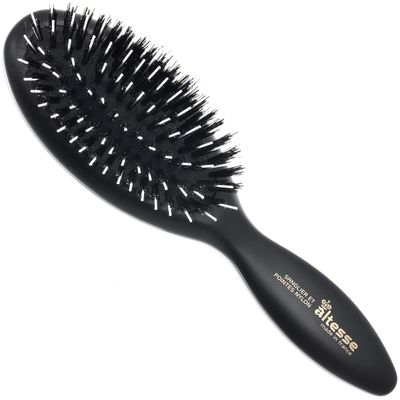 Altesse 8907 Natural Bristle Hair Brush Detangler Brush Medium Air Cushion Matte Black Handle with 7 Rows of Black Boar Bristle and Nylon Hairbrush for Thick Hair Styling and Detangling Made in France