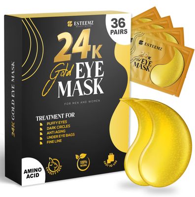 ESTEEMZ 24K Gold Under Eye Patches For Puffy Eyes (36 Pairs) - Collagen Enriched Under Eye Masks for Dark Circles and Puffiness, Hyaluronic Acid Under Eye Mask Patches for Wrinkles