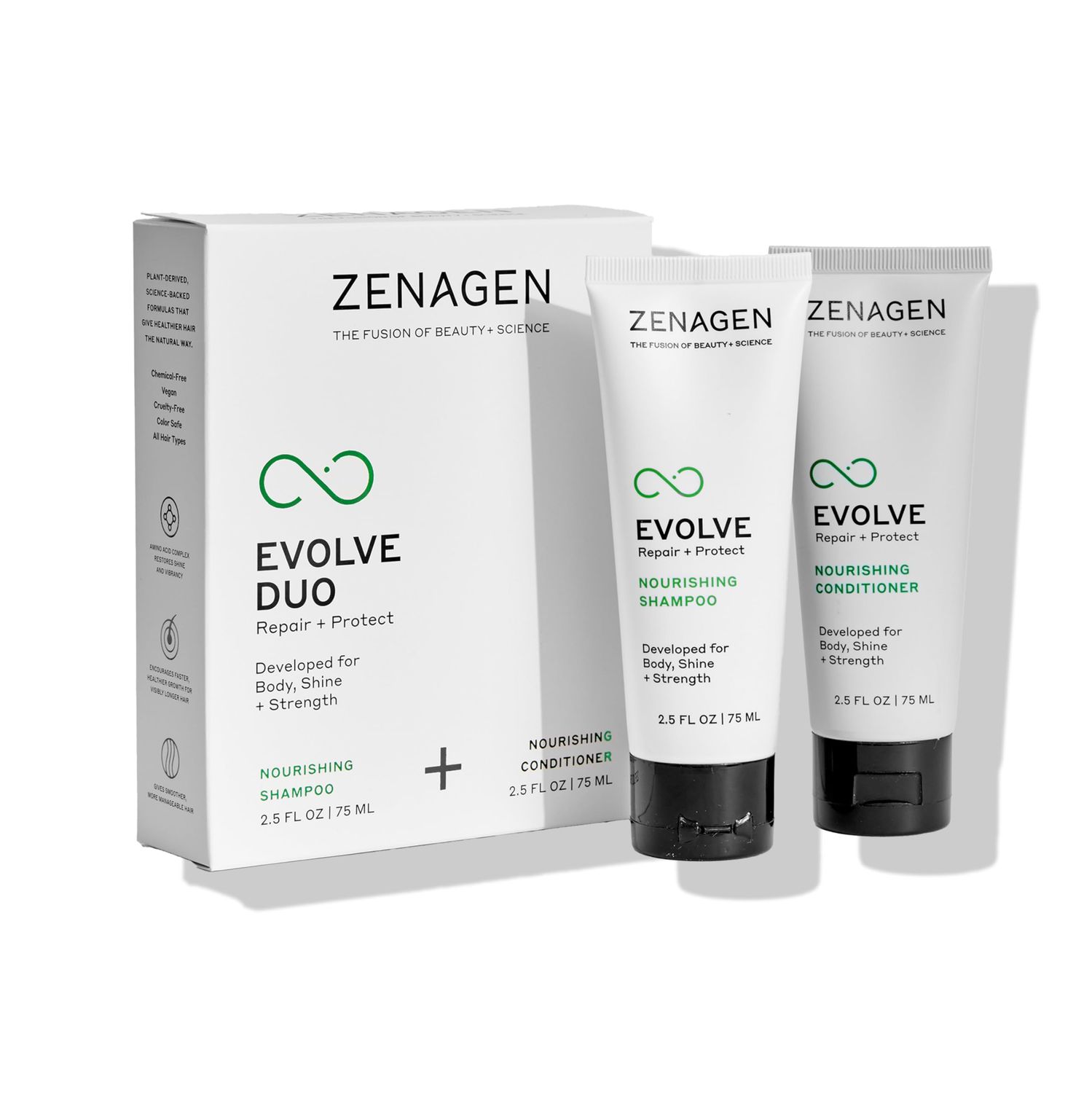 ZENAGEN Evolve Repair Protect Travel Duo Nourishing Shampoo Conditioner, Repairs Strengthens Damaged Hair, Promotes Thicker Fuller Growth, Plant-Based, Color-Safe, Vegan, 2.5 oz