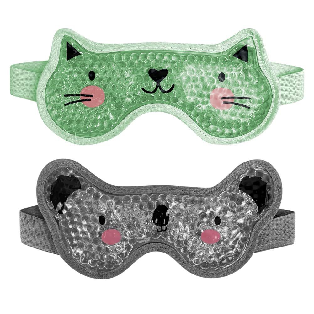 CONBELLA Kids Ice Packs 2 Packs Cooling Eye Mask with Soft Plush Backing for Children Boo Boos Sinus Headache Fever Patch for Kids (GreenGrey)