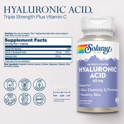 SOLARAY Hyaluronic Acid Triple Strength - Skin Elasticity and Firmness Support - Plus Vitamin C - Lab Verified, 60 Day Money-Back Guarantee, 30 Servings, 30 VegCaps