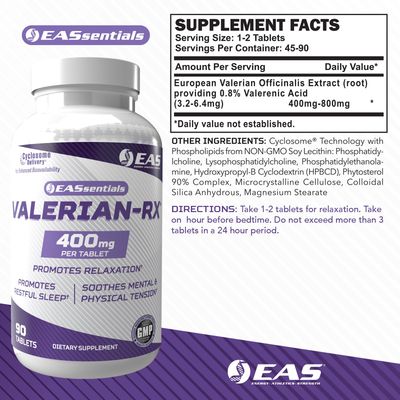 EAS Experimental and Applied Sciences Valerian-RX Valerian Root 400mg Promotes Relaxation Restful Sleep Gluten Free, Non GMO Better Absorption with Cyclosome Delivery 90 Tablets