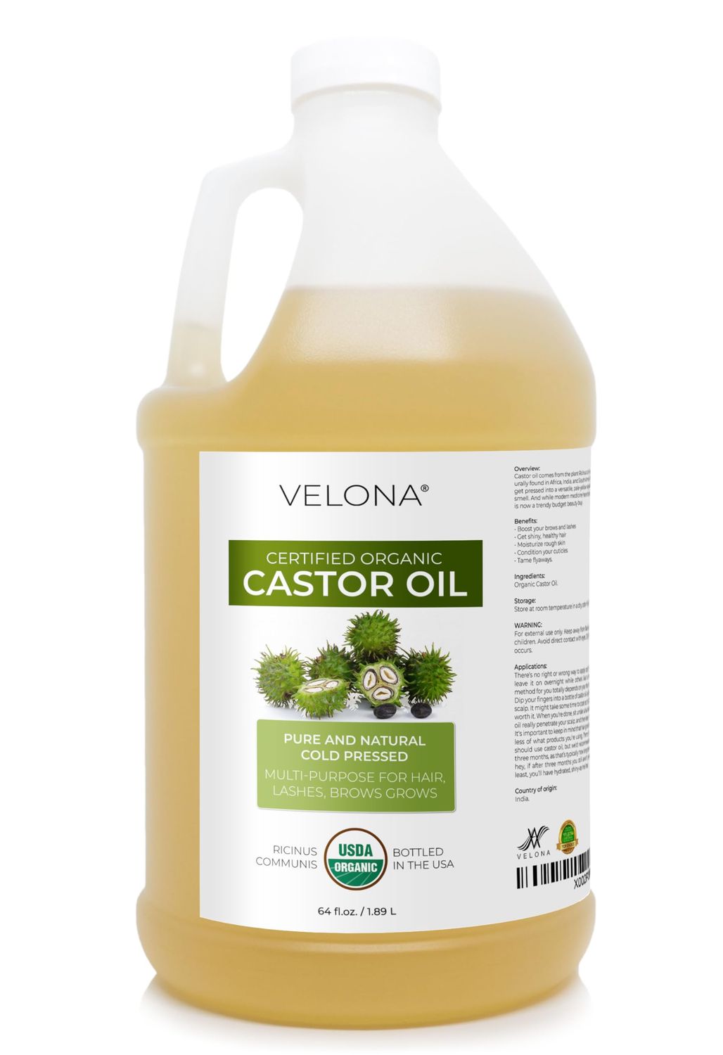 velona USDA Certified Organic Castor Oil - 64 fl oz For Hair, Boost Eyelashes, Eyebrows Cold pressed, Natural Oil, USP Grade Hexane Free