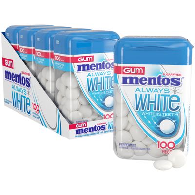 Mentos Always White Peppermint Sugar Free Gum with Xylitol Sweetener, 100 Count Bottle, 4 Bottles
