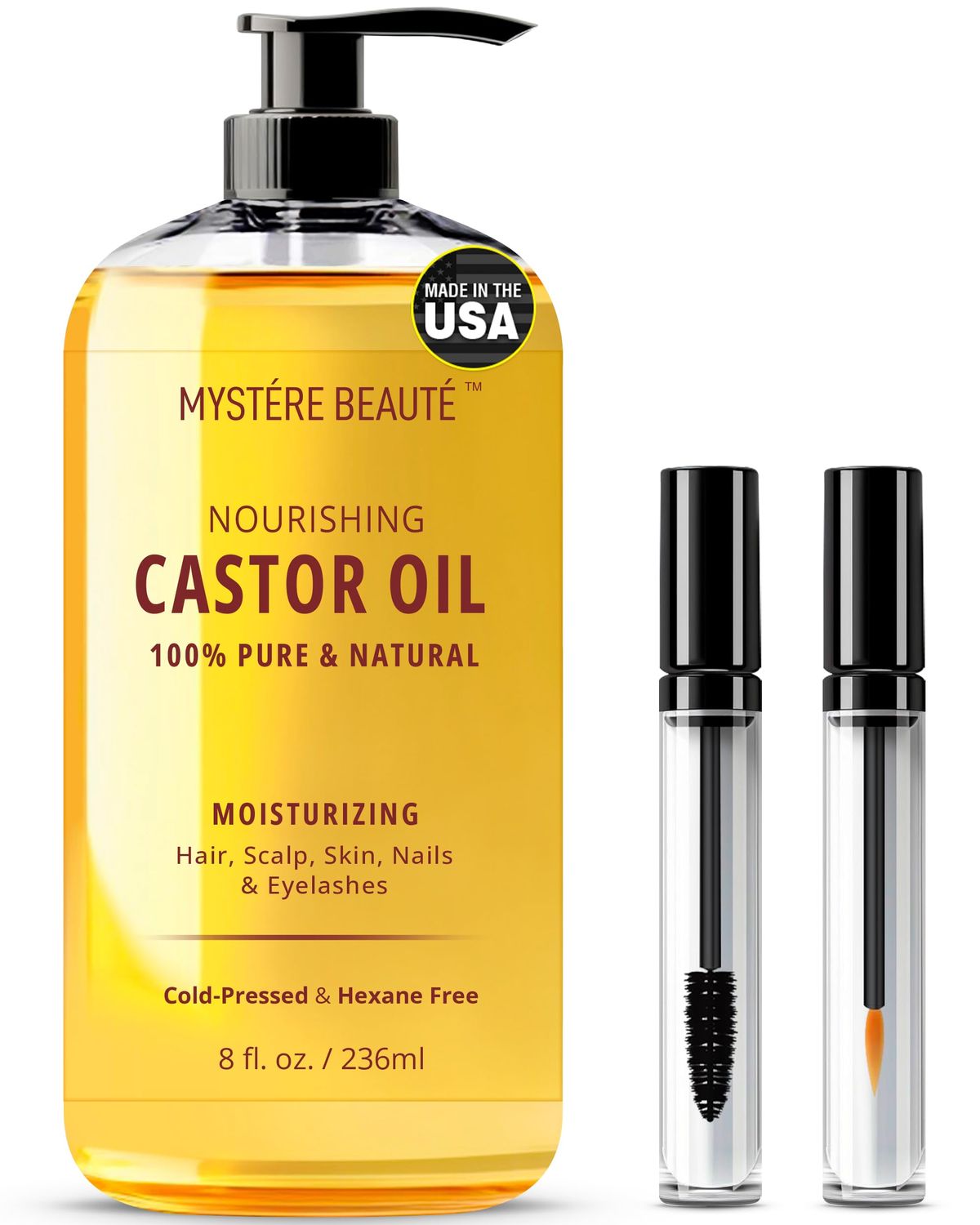 MYSTRE BEAUT Cold Pressed Castor Oil for Hair and Skin - 100 Pure and Natural Castor Oil for Hair Growth, Skin Hydration Nourishing Nails Eyelashes - wMascara Wand Liner Brush - 8 fl oz