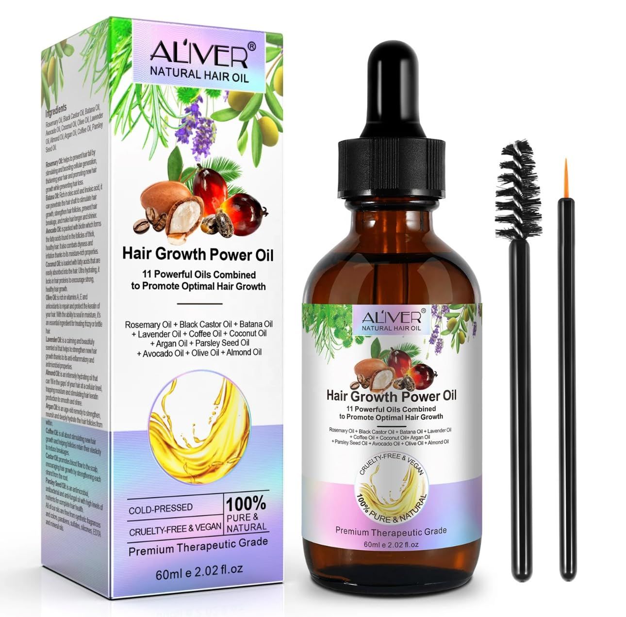 11-in-1 Hair Growth Oil with Rosemary, Jamaican Black Castor Batana Oil - Strengthens, Nourishes, Thickens - 100 Natural Formula, Shine Scalp Health, 60ml