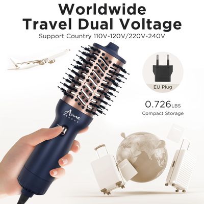 Aima Beauty Worldwide Travel Hair Dryer Brush Dual Voltage Blow Dryer Brush Hot Air Brush Oval Barrel 360Airflow for Smooth, Negative Ionic Frizz-Free DryingStraighteningVoluming,Prussian Blue
