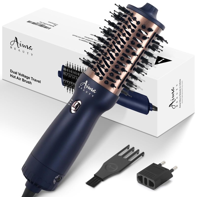 Aima Beauty Worldwide Travel Hair Dryer Brush Dual Voltage Blow Dryer Brush Hot Air Brush Oval Barrel 360Airflow for Smooth, Negative Ionic Frizz-Free DryingStraighteningVoluming,Prussian Blue