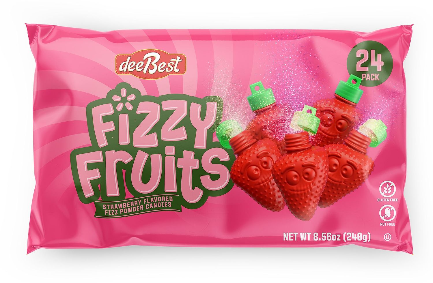 Strawberry Shaped Powder Filled Fizzy Candy Sugar By Dee Best - Bag of 24 Fruits - Certified Kosher Pareve - Gluten Free, Nut Free Kids Fun Novelty Powdered Candy