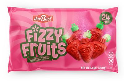 Strawberry Shaped Powder Filled Fizzy Candy Sugar By Dee Best - Bag of 24 Fruits - Certified Kosher Pareve - Gluten Free, Nut Free Kids Fun Novelty Powdered Candy