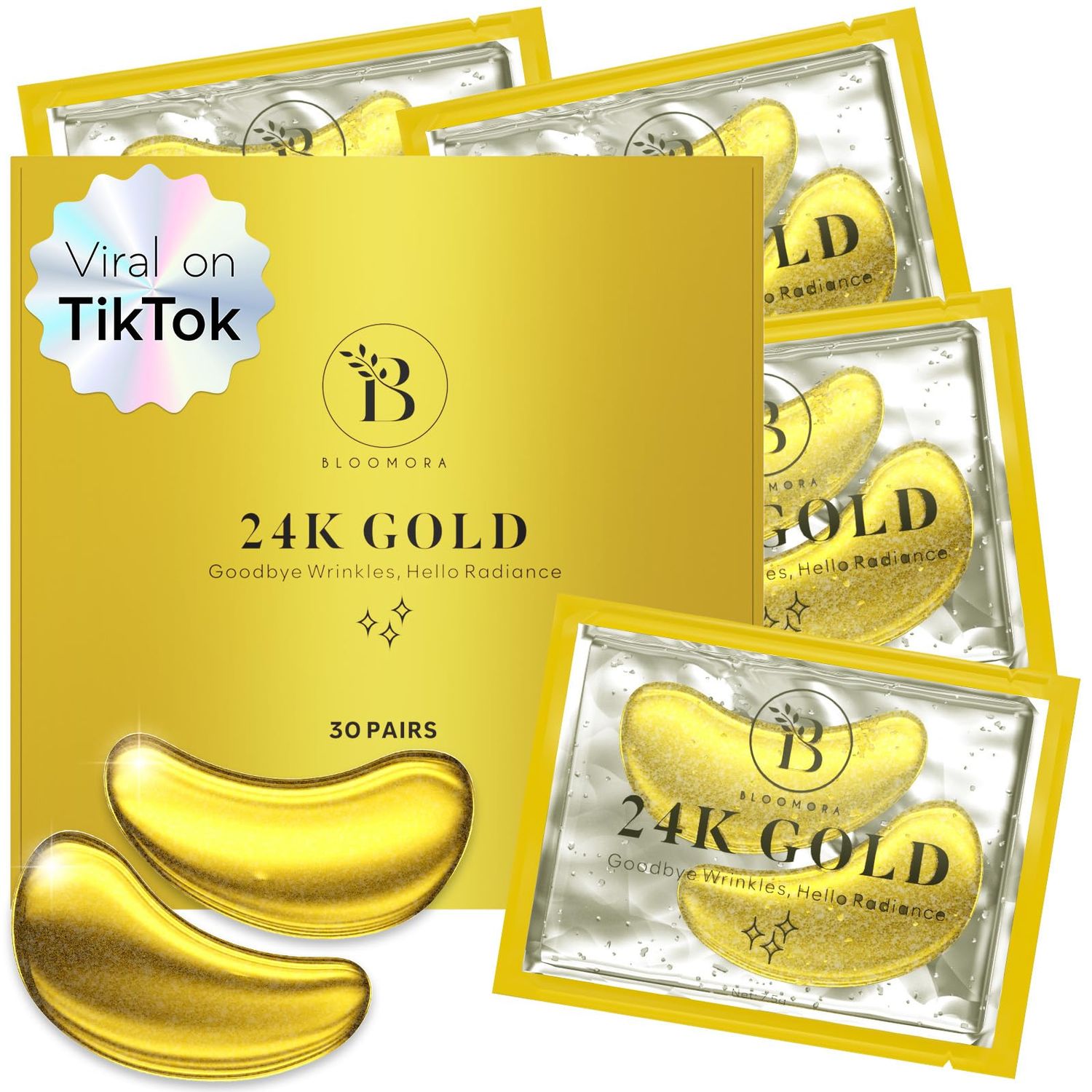 BLOOMORA 24K Gold Under Eye Patches (30 Pairs) Under Eye Patches for Dark Circles, Under Eye Patches for Puffy Eyes and Dark Circles, Under Eye Mask, Eye Care, Puffy Eyes Treatment